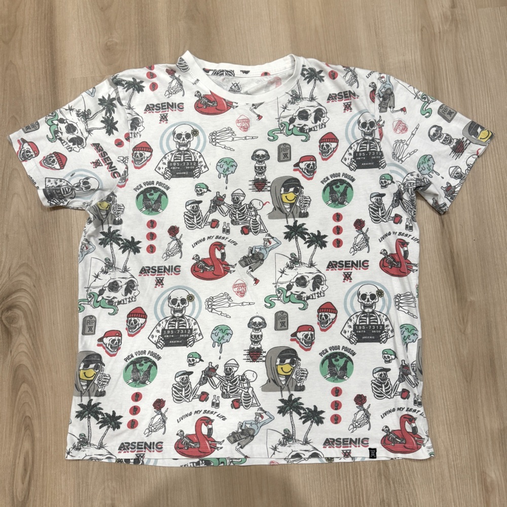 Men’s XL Tshirt by Arsenic, graphic print featuring skulls doing different stuff